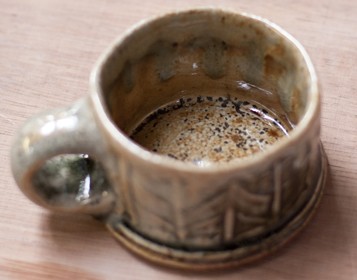 Espresso cup, herringbone rouletter. Wood-fired salt-glaze