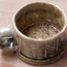 Espresso cup, herringbone rouletter. Wood-fired salt-glaze
