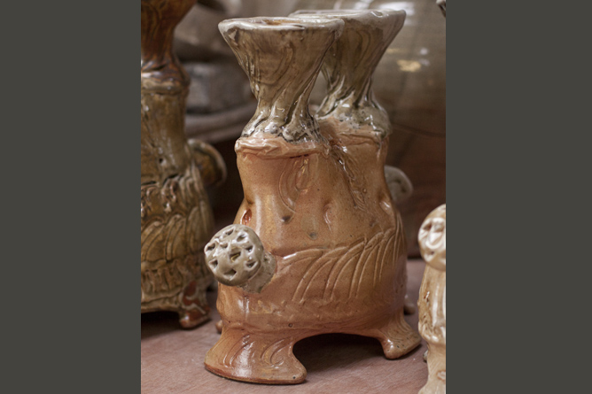 Twin candleholder, wood-fired salt-glaze