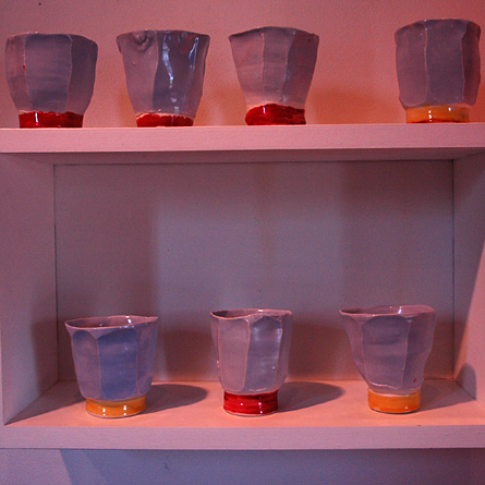 Tea bowls, porcelain blue, red and yellow, by Josh Redman