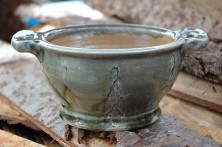 Handled soup bowl, ash-glazed, wood-fired salt-glaze