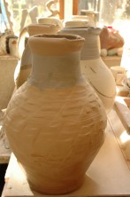 Large unfired jug rouletted decoration